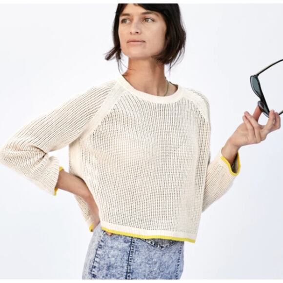 Clare V Sweater Raglan Open Weave Knit 100% Cotton Cream Neon Size Large L - Picture 1 of 9